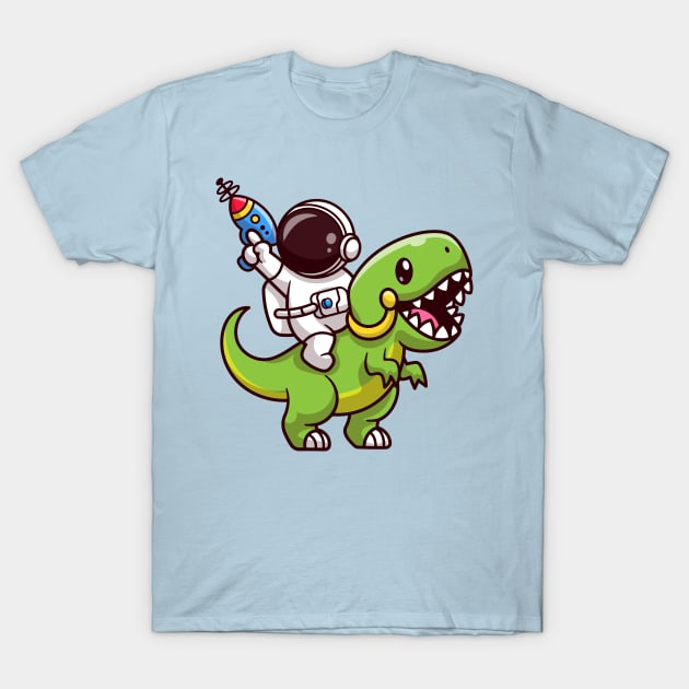Cute Astronaut Riding Dinosaur With Gun Cartoon T-Shirt by Catalyst Labs